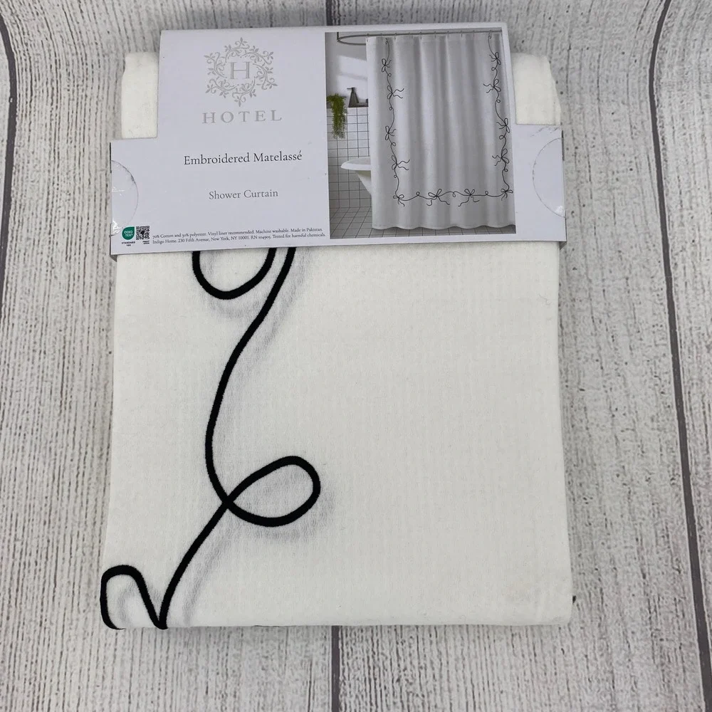 Hotel Shower Curtain White Black Embroidered Matelasse Bow Border Crisp Coquette